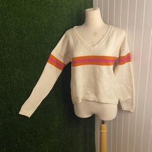 Charlotte Russe Cream V-Neck Lightweight Sweater with Pink & Orange Stripe